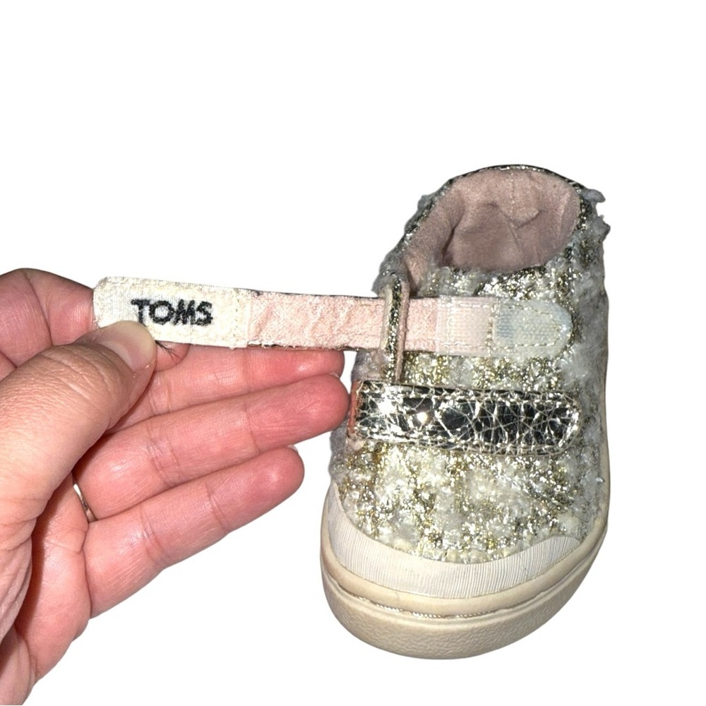 TOMS Girls Gold Tweed Glitter Velcro Sneakers Size T2 Toddler Sparkle Shoes - Picture 7 of 11